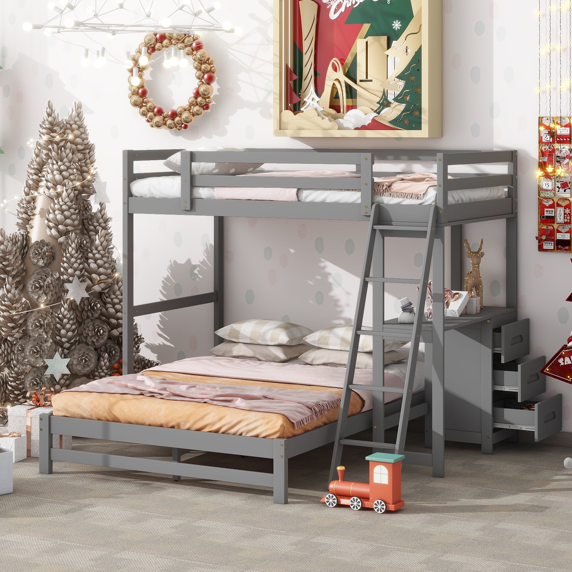 EUROCO Twin over Full Bunk Bed with Desk and Drawers for Kids Teens Room, Gray