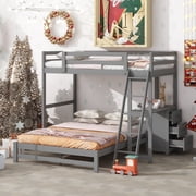EUROCO Twin over Full Bunk Bed with Desk and Drawers for Kids Teens Room, Gray