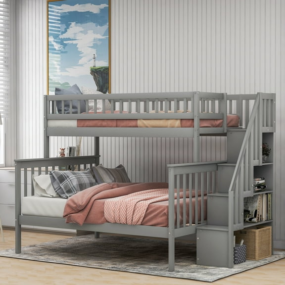 EUROCO Twin over Full Bunk Bed with Storage Shelves for Kids, Storage Staircase for Kids Teens Adults, Gray