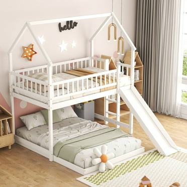 EUROCO Twin over Full House Bunk Bed with Slide and Built-in Ladder for Bedroom, White