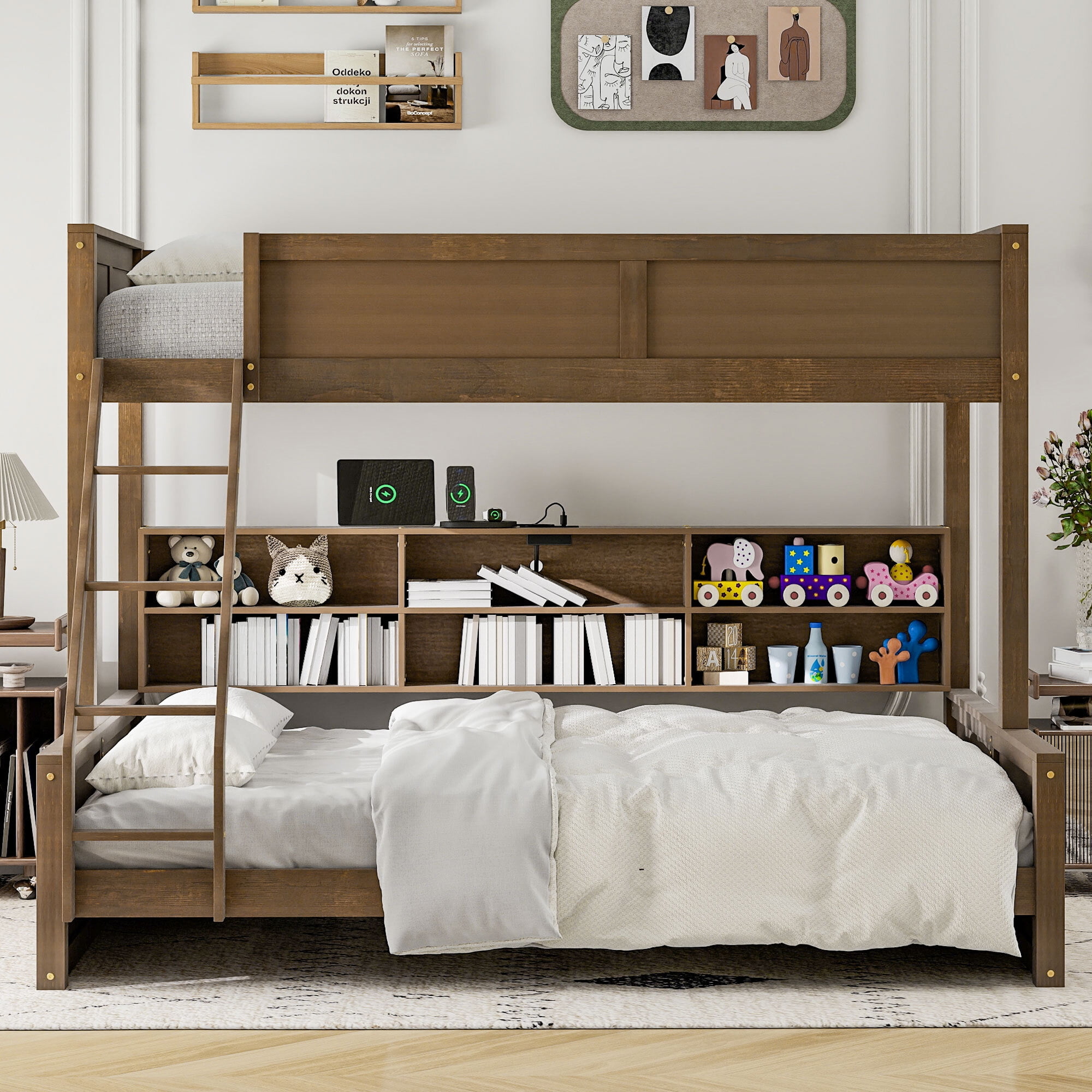 Euroco Twin XL over Queen Bunk Bed with Functional Cabinet and USB Charging Station for Kids Teens, Wood
