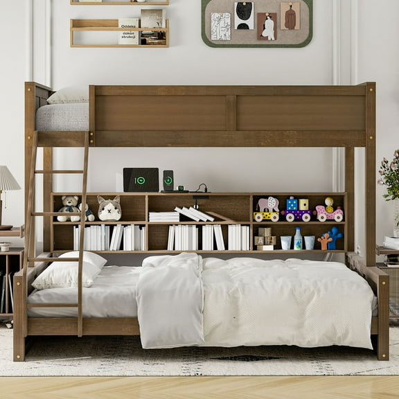 Euroco Twin XL over Queen Bunk Bed with Functional Cabinet and USB Charging Station for Kids Teens, Wood
