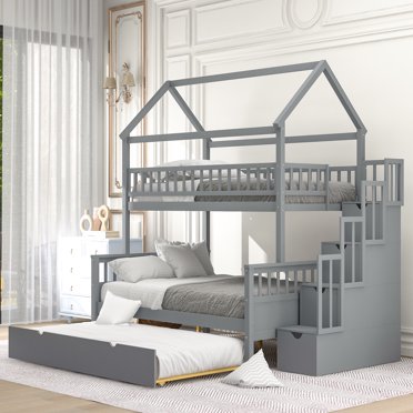 Euroco Twin Over Full Bunk Bed with Stairs and Storage for Kids, Gray ...