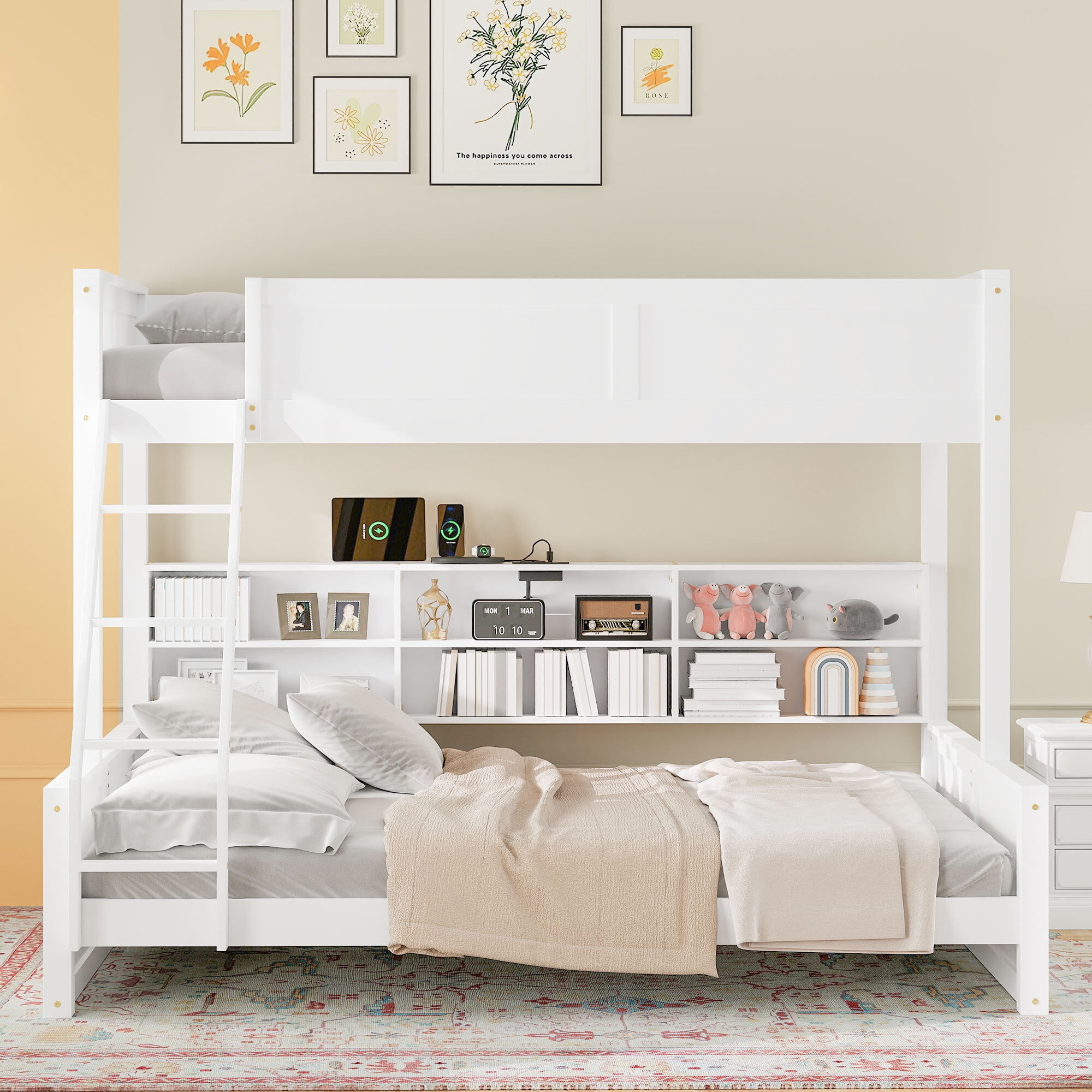 Euroco Twin XL over Queen Bunk Bed with Functional Cabinet and USB Charging Station for Kids Teens, White