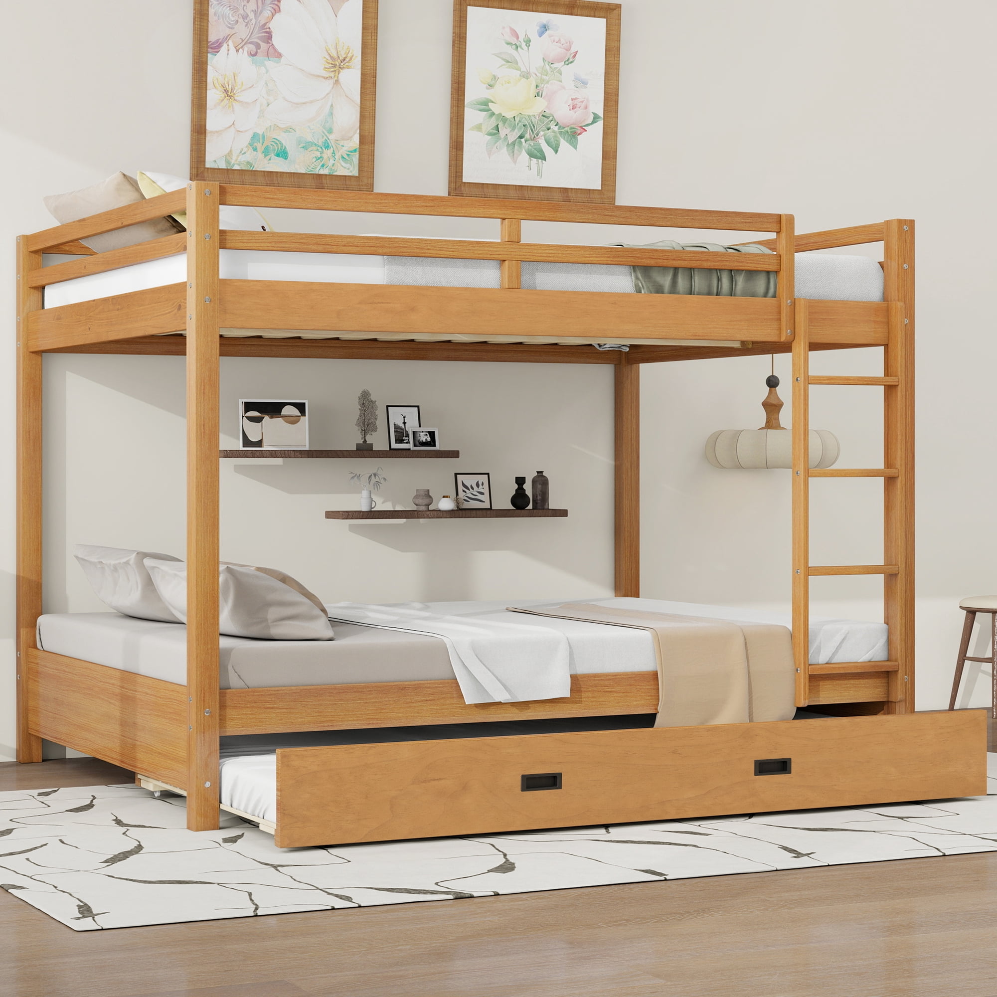 EUROCO Queen over Queen Size Bunk Bed with Trundle for Kids Teens Adults, Wood Color