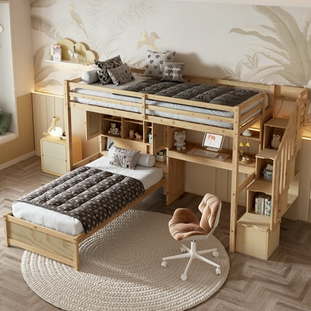 EUROCO Twin over Twin Bunk Bed with Desk and Shleves, Bookcase and Staircase for Kids Teens, Natural