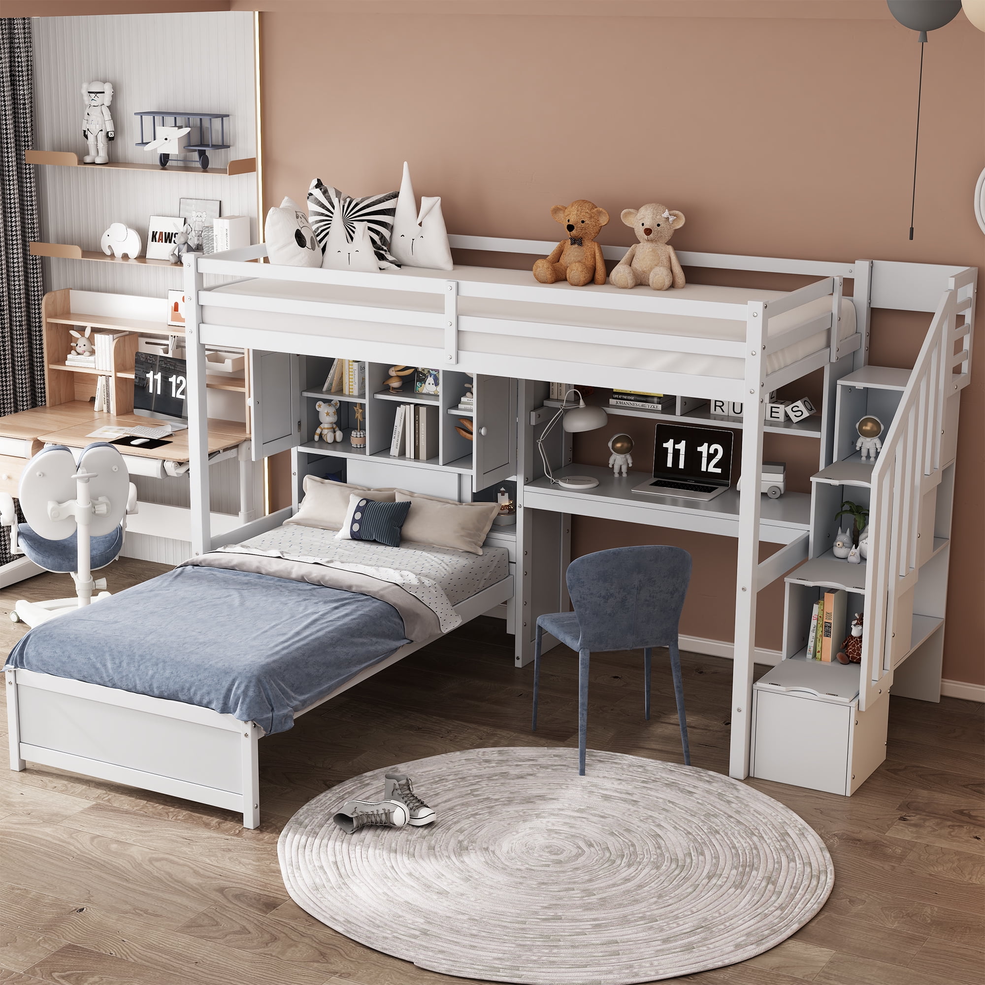 EUROCO Twin over Twin Bunk Bed with Desk and Shleves, Bookcase and Staircase for Kids Teens, White