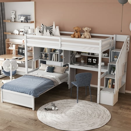 EUROCO Twin over Twin Bunk Bed with Desk and Shleves, Bookcase and Staircase for Kids Teens, White