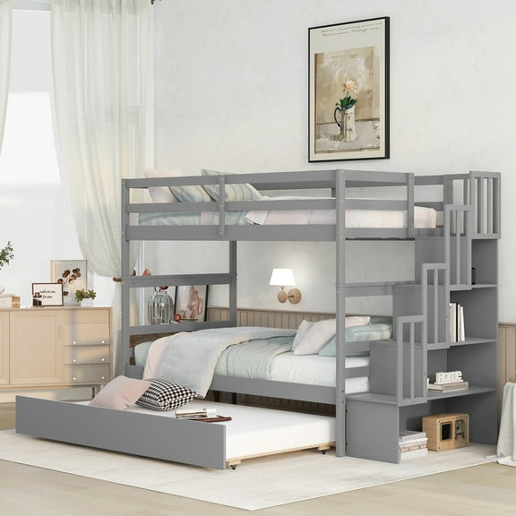 EUROCO Twin over Twin Bunk Bed with Trundle Bed for Bedroom, Space-Saving Storage Staircase and Shelf, Gray
