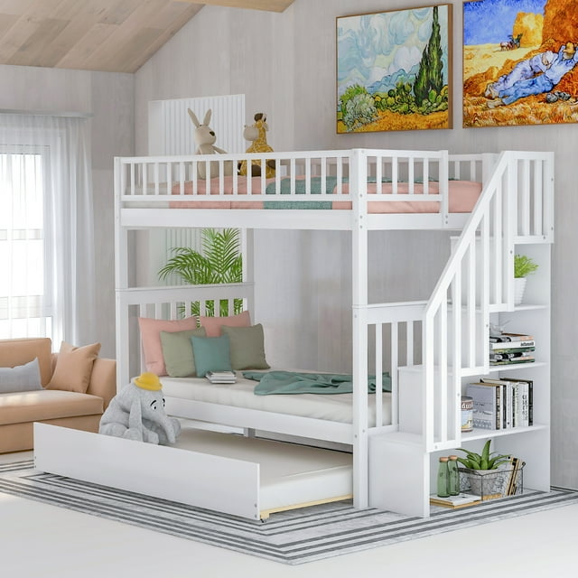 EUROCO Twin over Twin Bunk Bed with Twin Trundle Bed and Storage Shelves for Kids, Three Twin