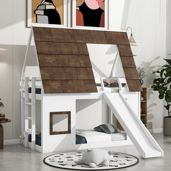 EUROCO Twin over Twin House Bunk Bed with Roof and Slide for Kids Bedroom, White