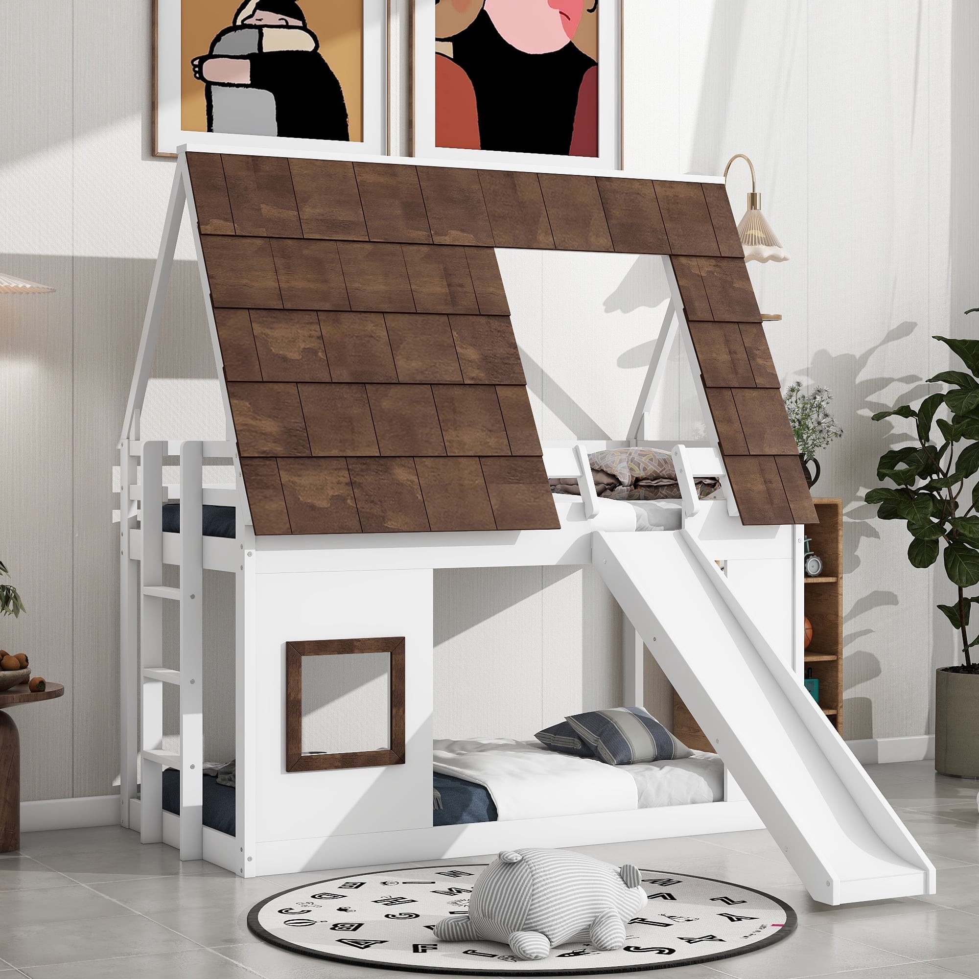 Euroco Twin over Twin House Bunk Bed with Roof and Slide, White ...