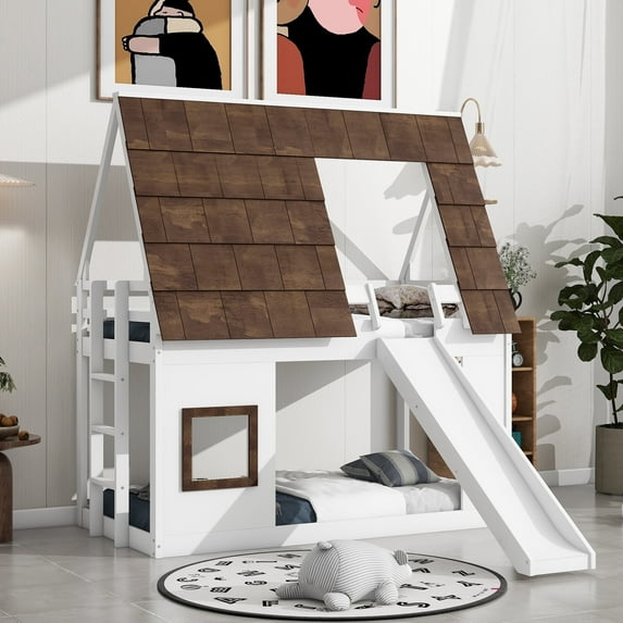 EUROCO Twin over Twin House Bunk Bed with Roof and Slide for Bedroom, White