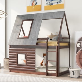 EUROCO Twin over Twin House Bunk Bed with Roof for Kids Teens Bedroom, Grey