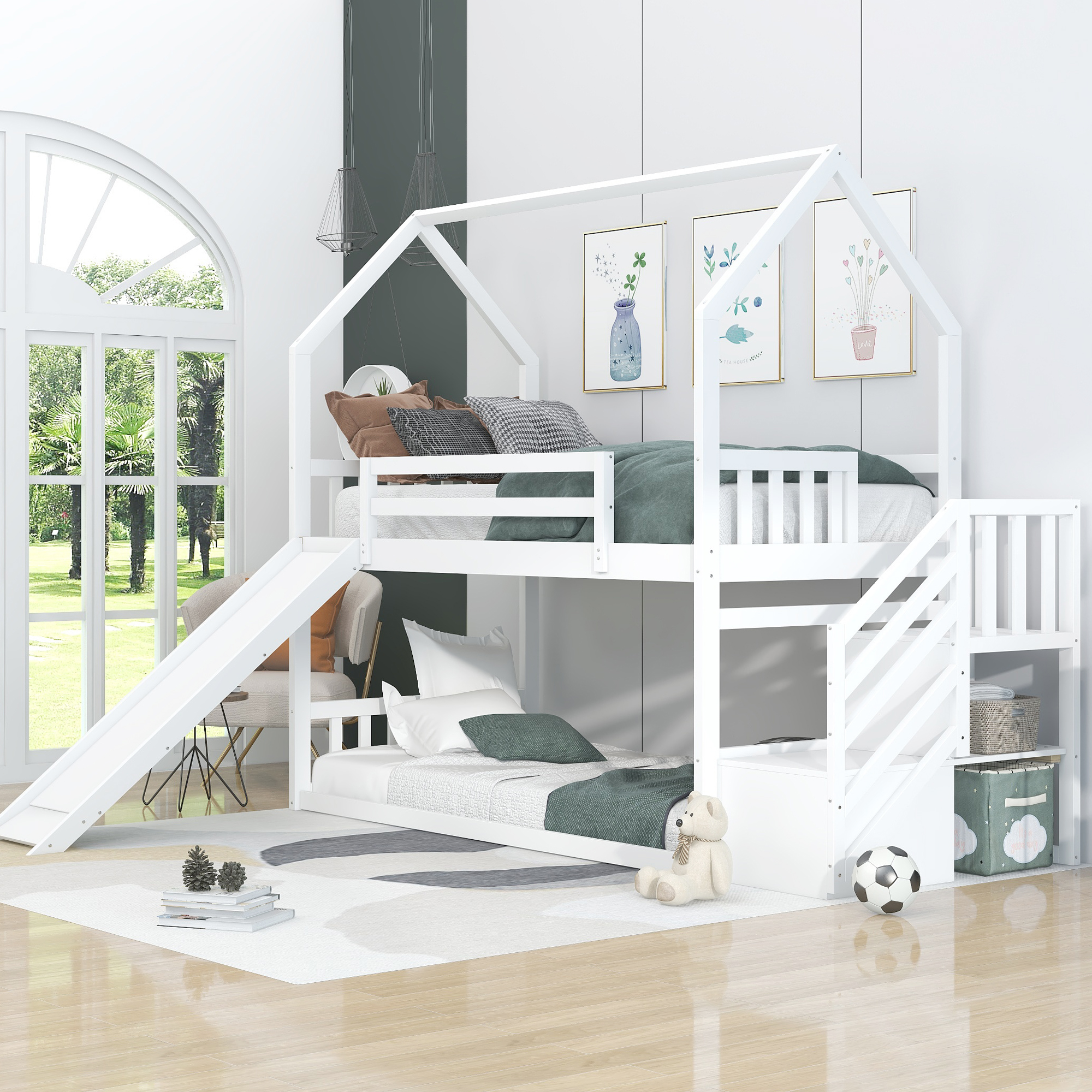Bellemave Wood Twin Bunk Bed with Slide, Floor Toddler Bunk Bed, House