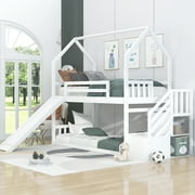 EUROCO Twin over Twin House Bunk Bed with Staircase for Kids Teens Bedroom,Solid Wood Bunk for Child,White