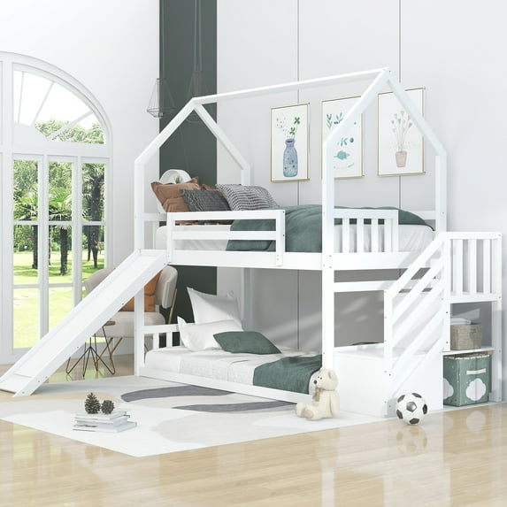 EUROCO Twin over Twin House Bunk Bed with Staircase for Kids Teens Bedroom,Solid Wood Bunk for Child,White