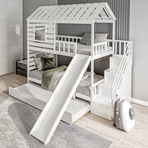 EUROCO Twin over Twin House Bunk Bed with Trundle and Staircase for ...