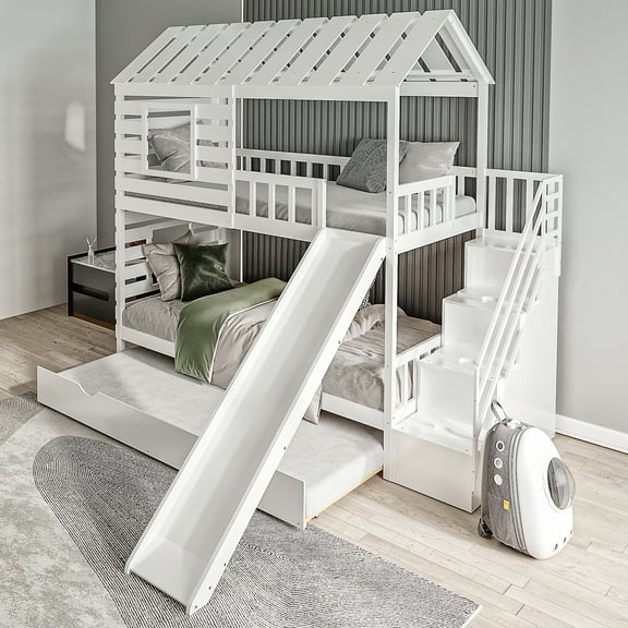 EUROCO Twin over Twin House Bunk Bed with Trundle and Staircase for Kids Teens Bedroom, White