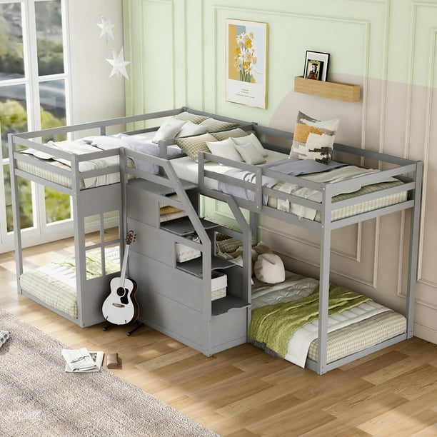 EUROCO Twin over Twin L-Shaped Bunk Bed with Middle Staircase, Gray ...