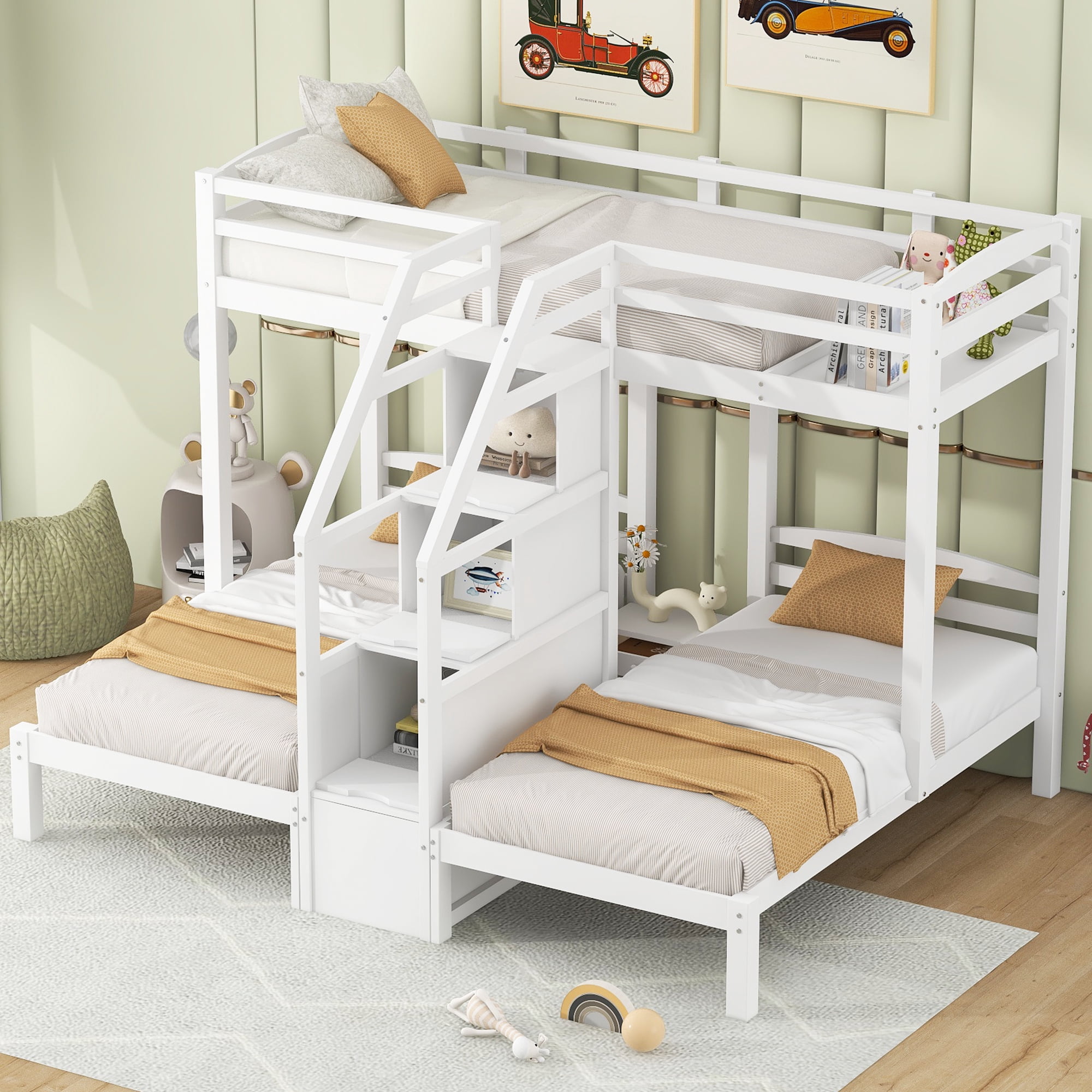 EUROCO Full over Twin & Twin Bunk Bed with Ladder and Drawers for Kids Teens Bedroom, 3-in-1 Convertible Bunk for More Kids, White