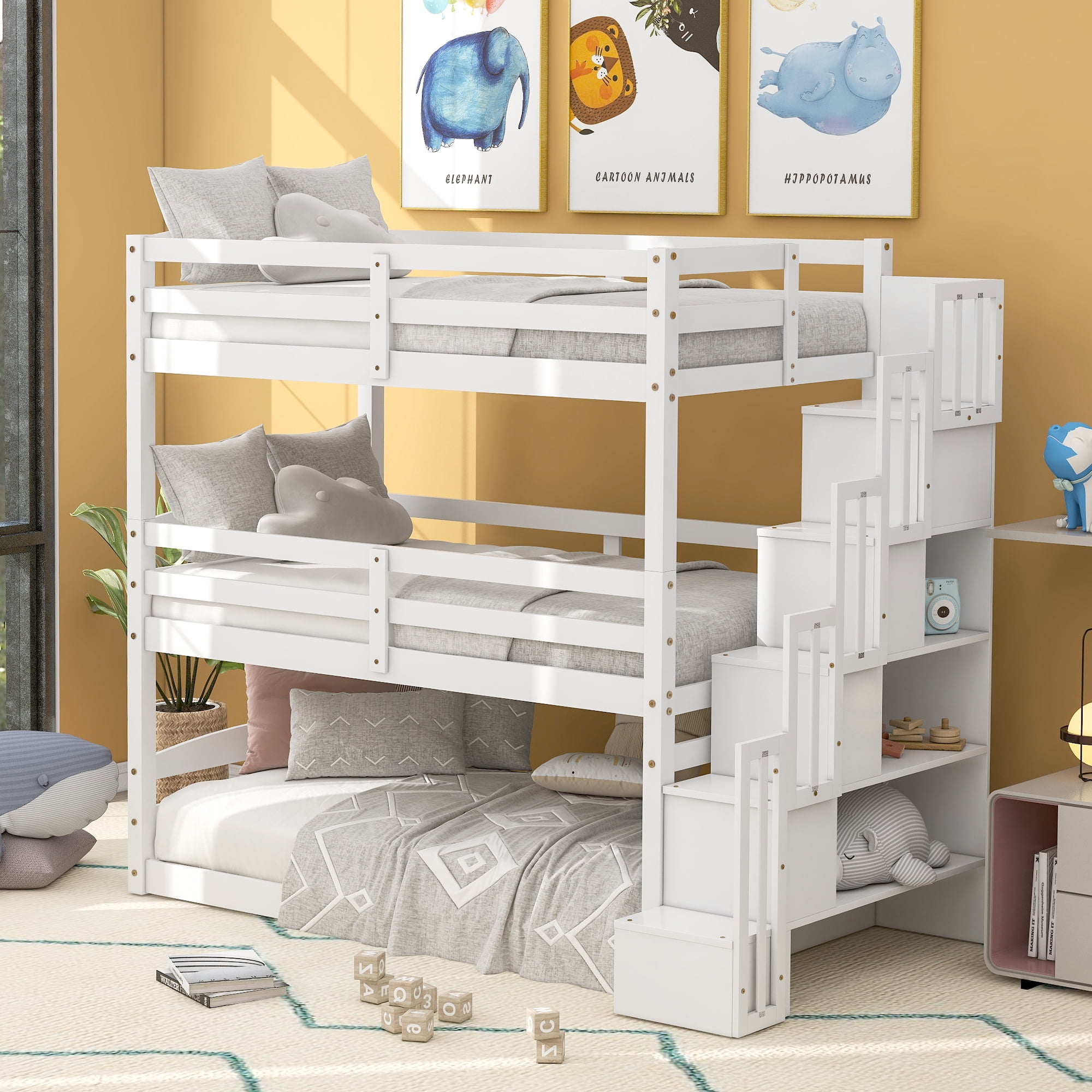 EUROCO Twin over Twin over Twin Bunk Bed with Storage Staircase ...