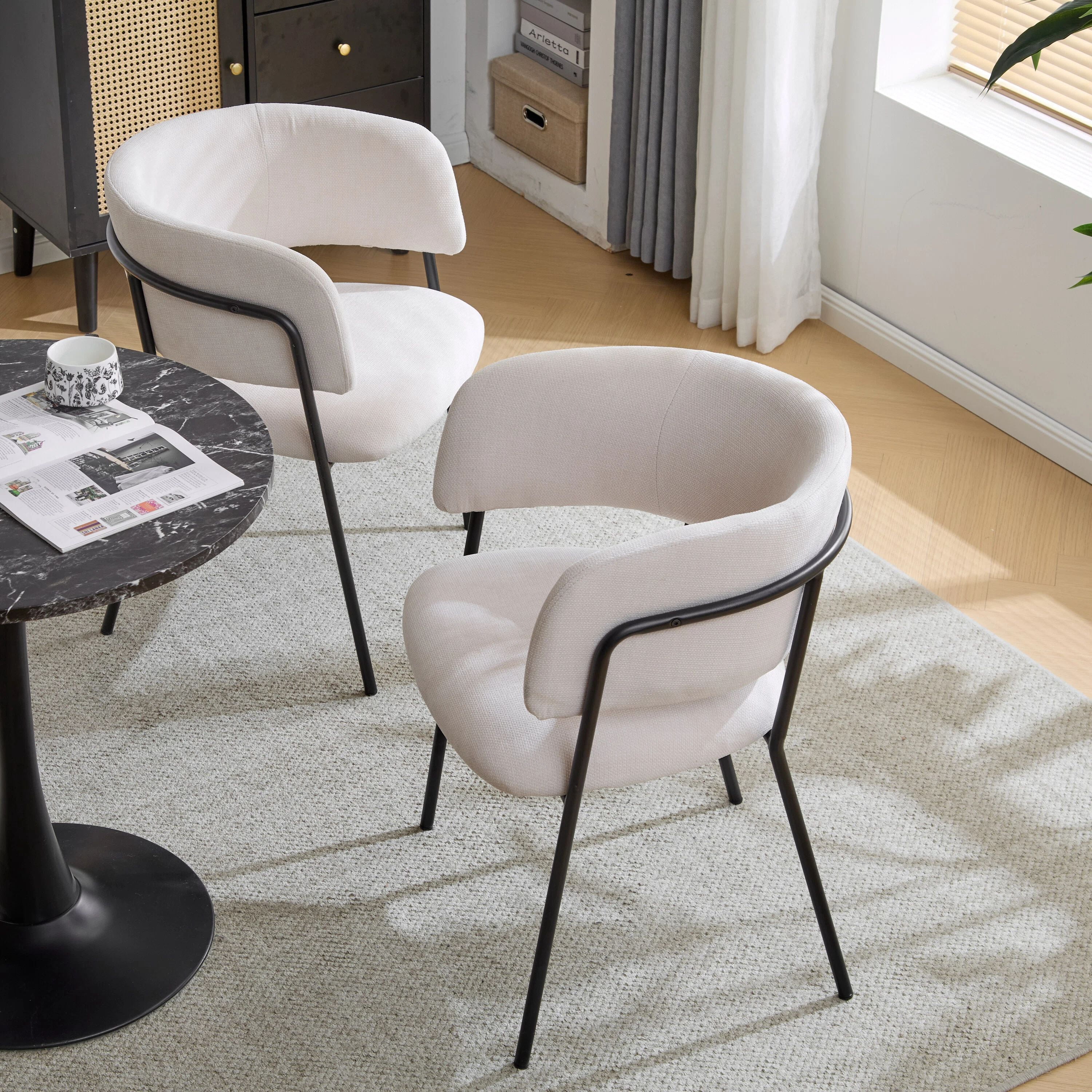 EUROCO Upholstered Dining Chairs Set of 2, Mid Century Modern Minimalist Accent Chair with Arms & Metal Legs for Kitchen Living Room,Beige