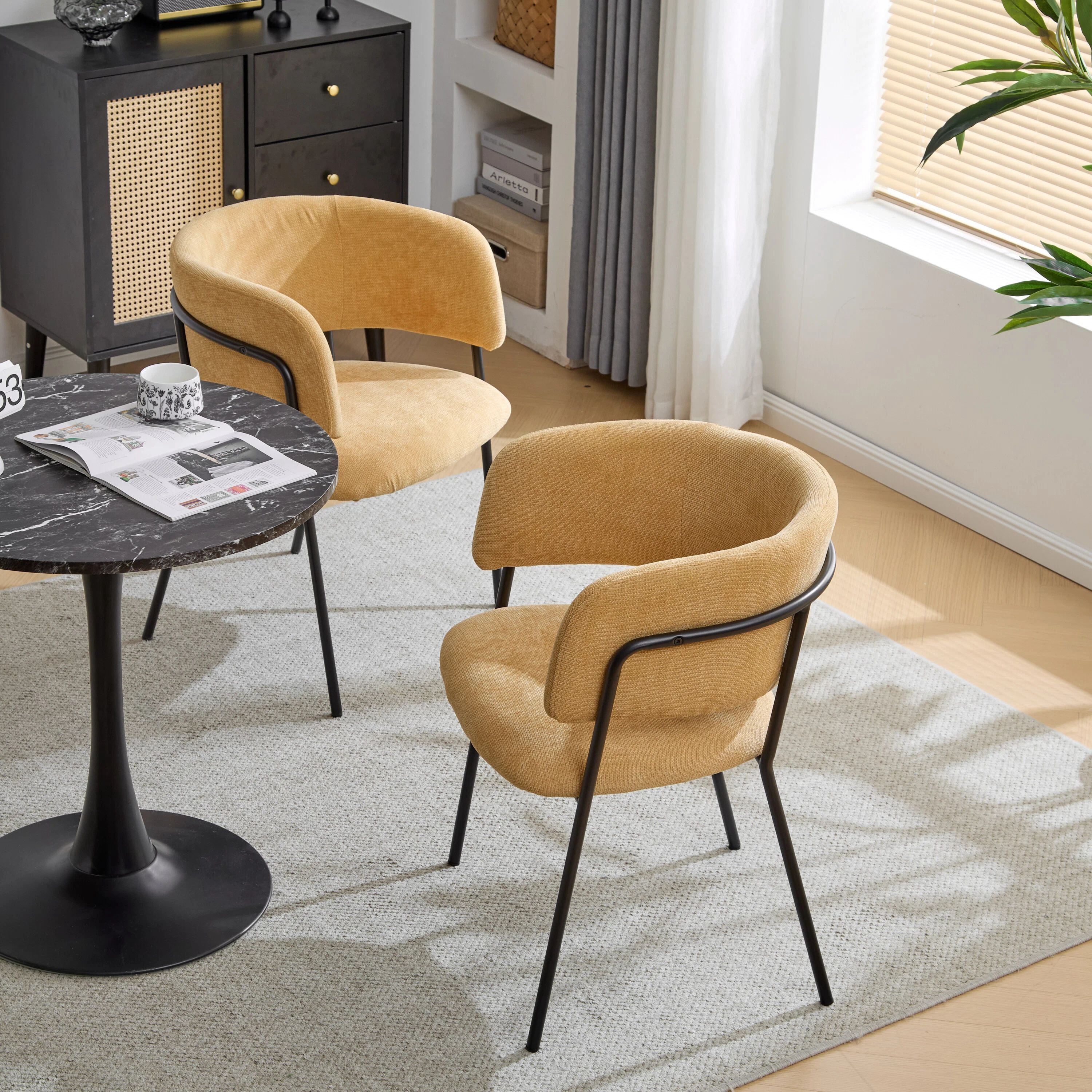 EUROCO Upholstered Dining Chairs Set of 2, Mid Century Modern Minimalist Accent Chair with Arms & Metal Legs for Kitchen Living Room,Yellow