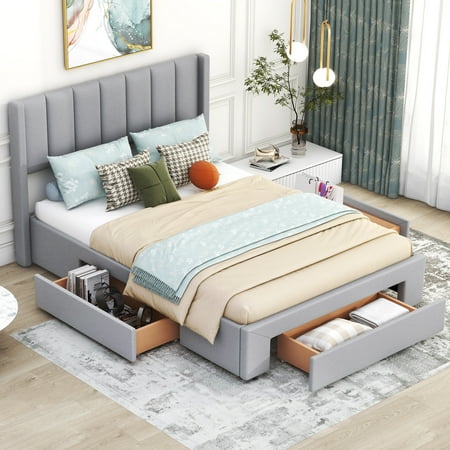EUROCO Upholstered Full Bed, Platfrom Bed with 3 Storage Drawers for Kids Teens, Nox Box Spring Needed, Gray