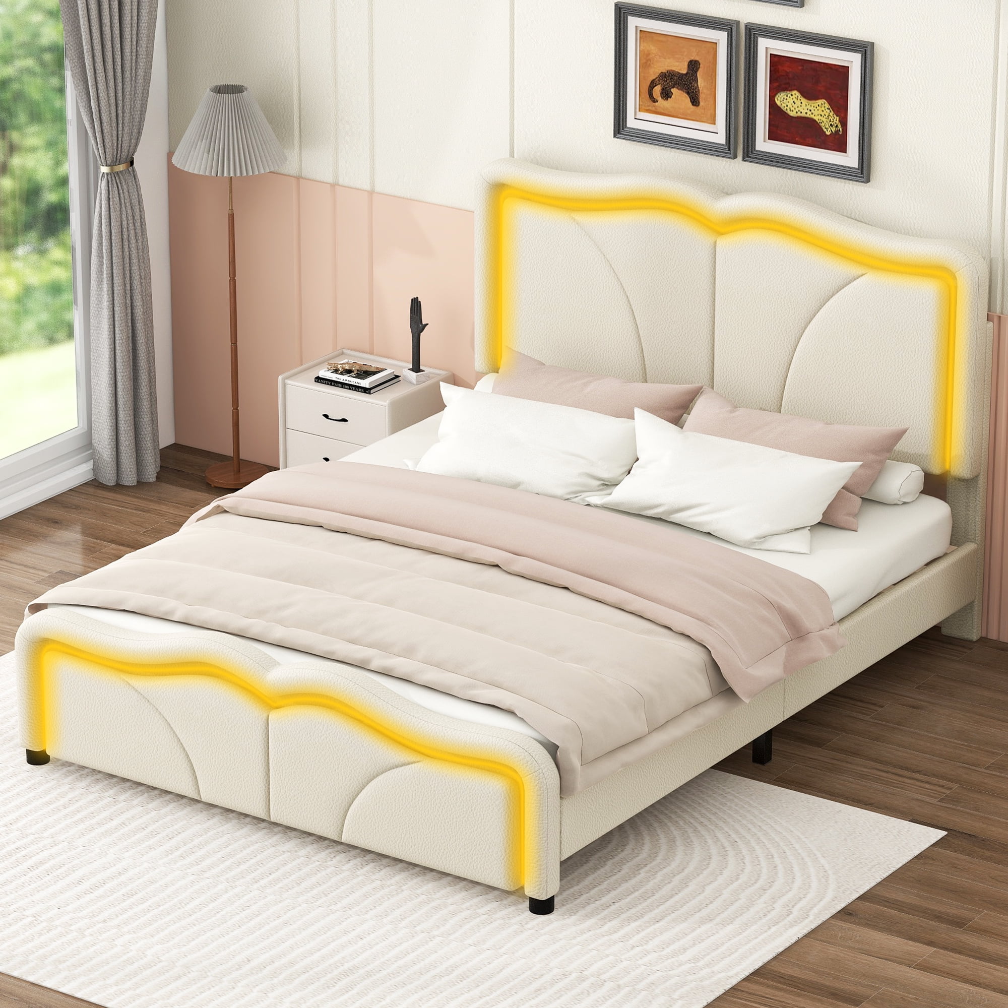 EUROCO Upholstered Full Platform Bed, Cartoon Bed with Adjustable Headboard and LED Light for Toddler Kids Teens Adults, No Box Spring Needed, Beige
