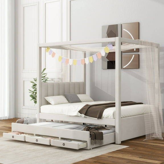 EUROCO Upholstered Full Size Canopy Bed Frame with Trundle Bed and 3 Drawers, Platform Bed with Headboard for Kids Teens Adults, Beige