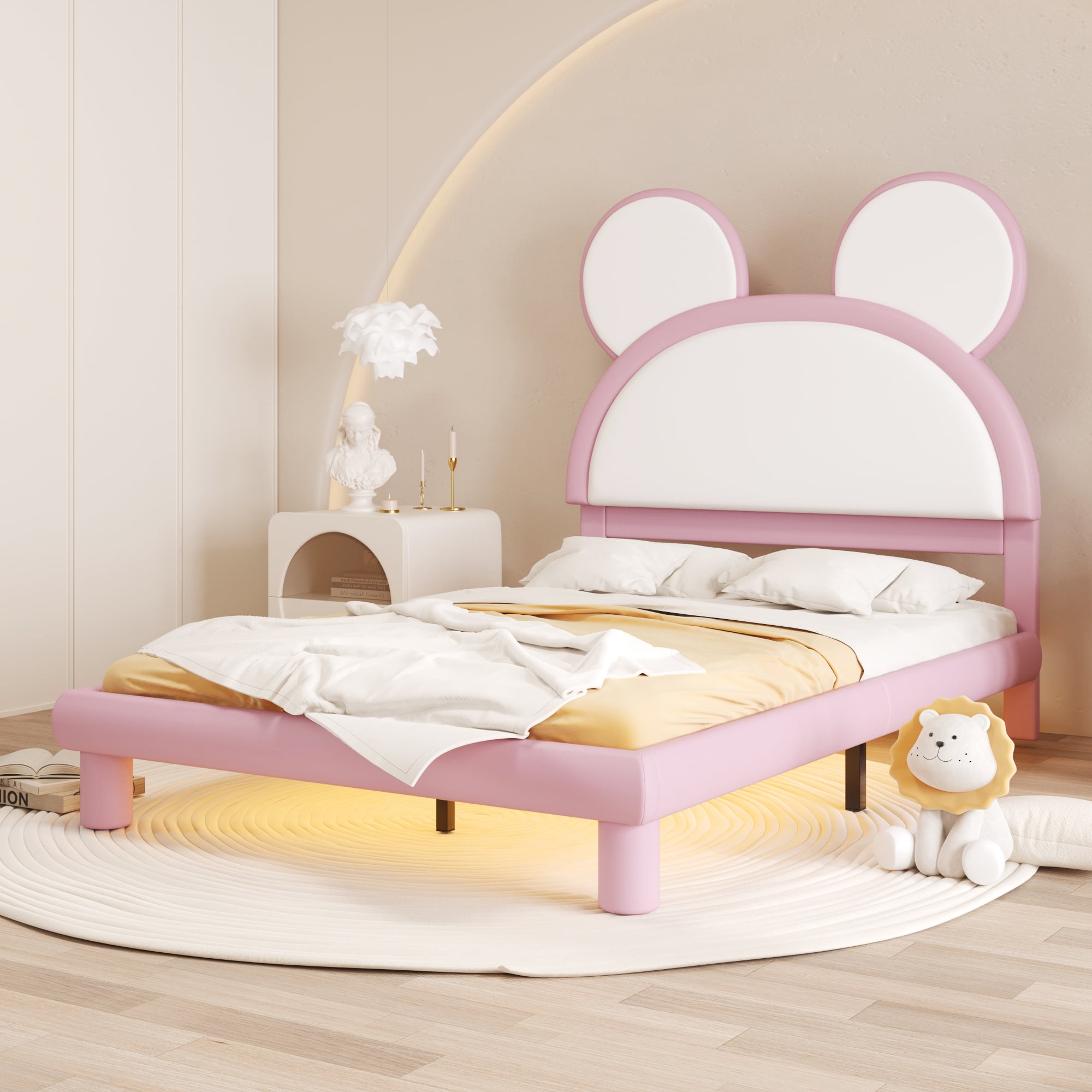 EUROCO Upholstered Full Size Platform Bed with LED Light, PU Leather Cartoon Bed for Kids Teens, Pink