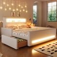 thumbnail image 1 of Euroco Upholstered Full Size Platform Bed with LED Light and USB Ports, 2 Drawers, White, 1 of 13