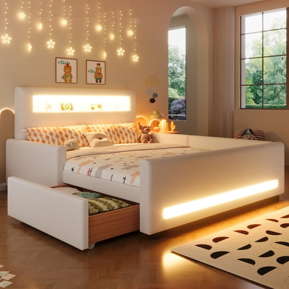 Euroco Upholstered Full Size Platform Bed with LED Light and USB Ports, 2 Drawers, White