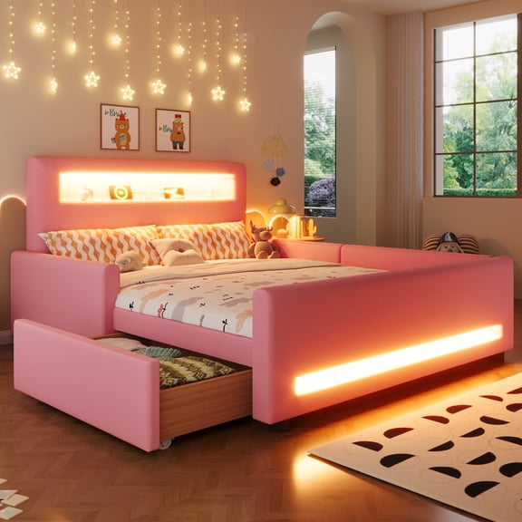 Euroco Upholstered Full Size Platform Bed with LED Light and USB Ports, 2 Drawers, Pink