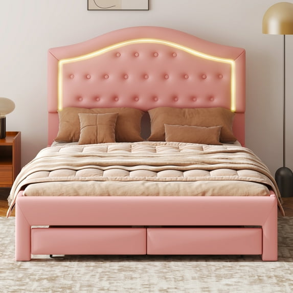 EUROCO Upholstered Queen Bed Frame, Platform Bed with Drawers and LED Light, Pink