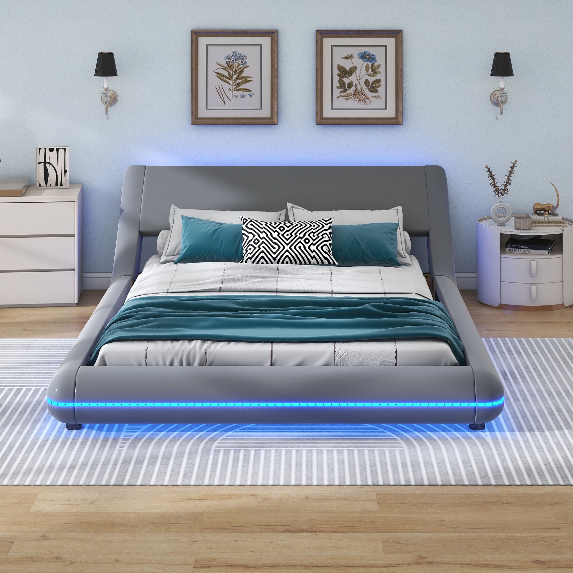 EUROCO Upholstered Queen Bed with Sloped Headboard and LED Light Strip