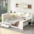thumbnail image 1 of Euroco Wood Full Size Daybed with Storage Desk and Shelves, Bed with Upholstered Headboard and Backrest, LED Light, USB Ports and Drawers, White, 1 of 16