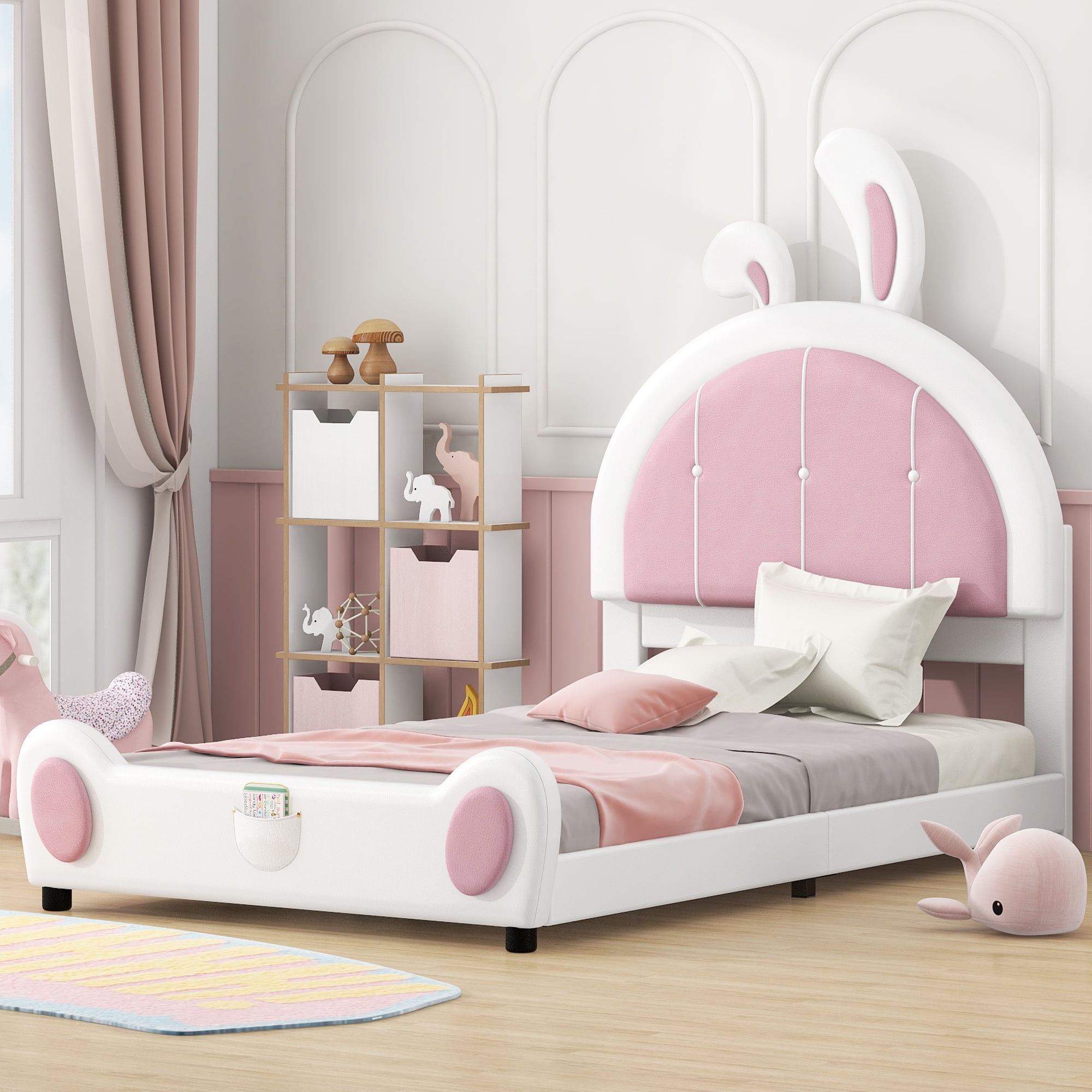 EUROCO Upholstered Twin Platform Bed, Cartoon Bunny Bed for Toddler Kids Teens, No Box Spring Needed, White