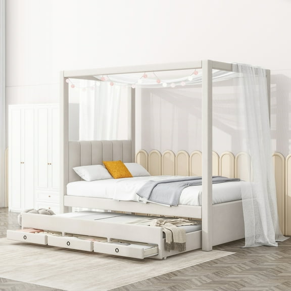 EUROCO Upholstered Twin Size Canopy Bed Frame with Trundle Bed and 3 Drawers, Platform Bed with Headboard for Kids Teens Adults, Beige