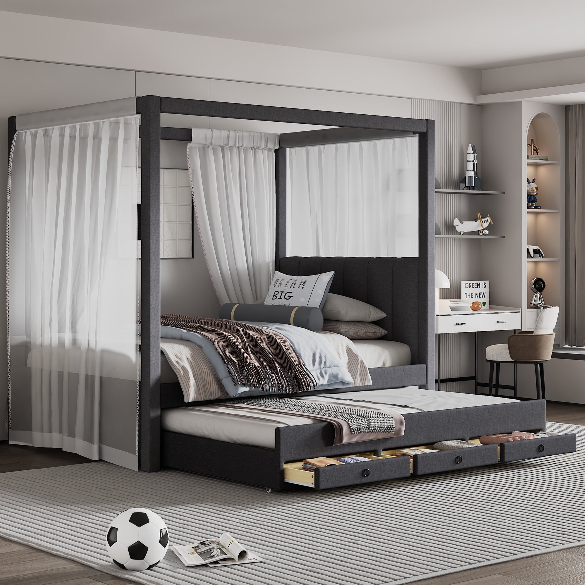 EUROCO Upholstered Twin Size Canopy Bed Frame with Trundle Bed and 3 Drawers, Platform Bed with Headboard for Kids Teens Adults, Gray