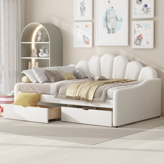 EUROCO Upholstery Full Size Platform Bed, Upholstered Daybed with Headboard and Drawers, Beige