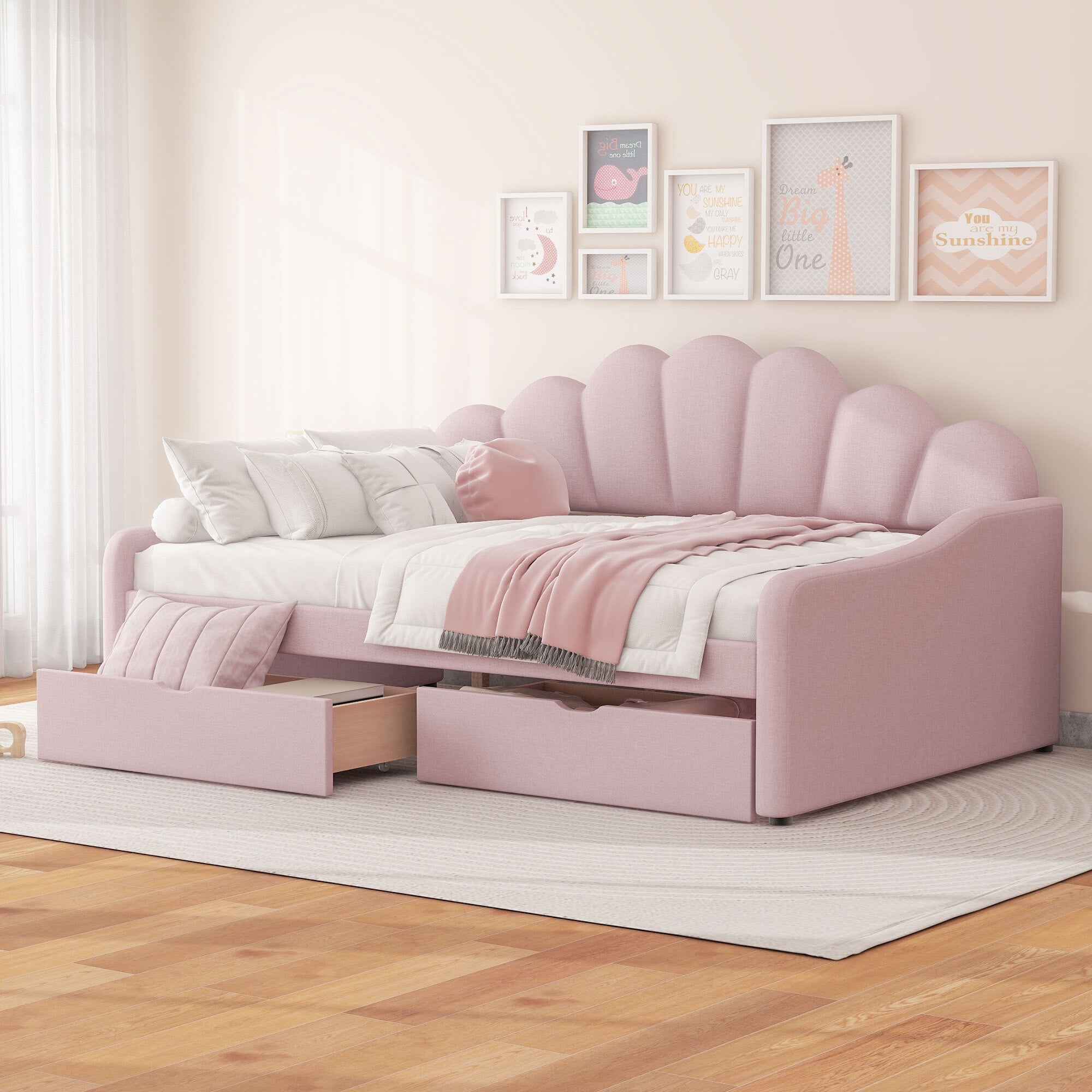EUROCO Upholstery Full Size Platform Bed, Upholstered Daybed with Headboard and Drawers, Pink