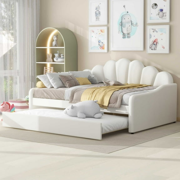 EUROCO Upholstery Full Size Platform Bed, Upholstered Daybed with Headboard and Trundle, Beige