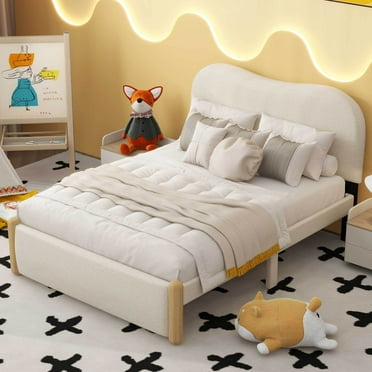 EUROCO Upholstery Full Size Platform Bed, Upholstered Headboard and Wood Support Legs, Beige