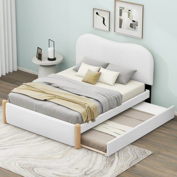 EUROCO Upholstery Full Size Platform Bed with Trundle, Upholstered Headboard and Wood Support Legs, White