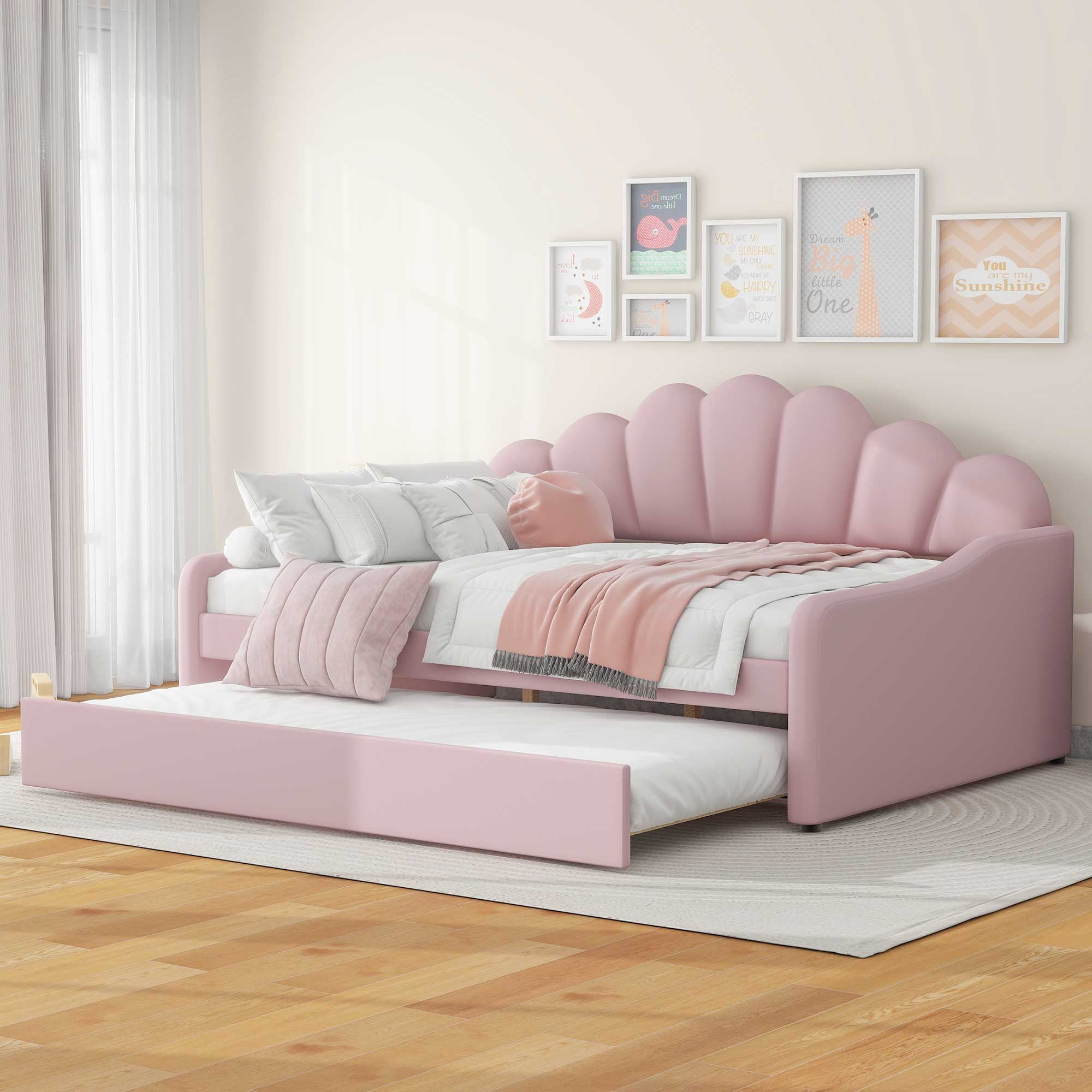 EUROCO Upholstery Full Size Platform Bed, Upholstery Daybed with Headboard and Trundle for Kids,Pink
