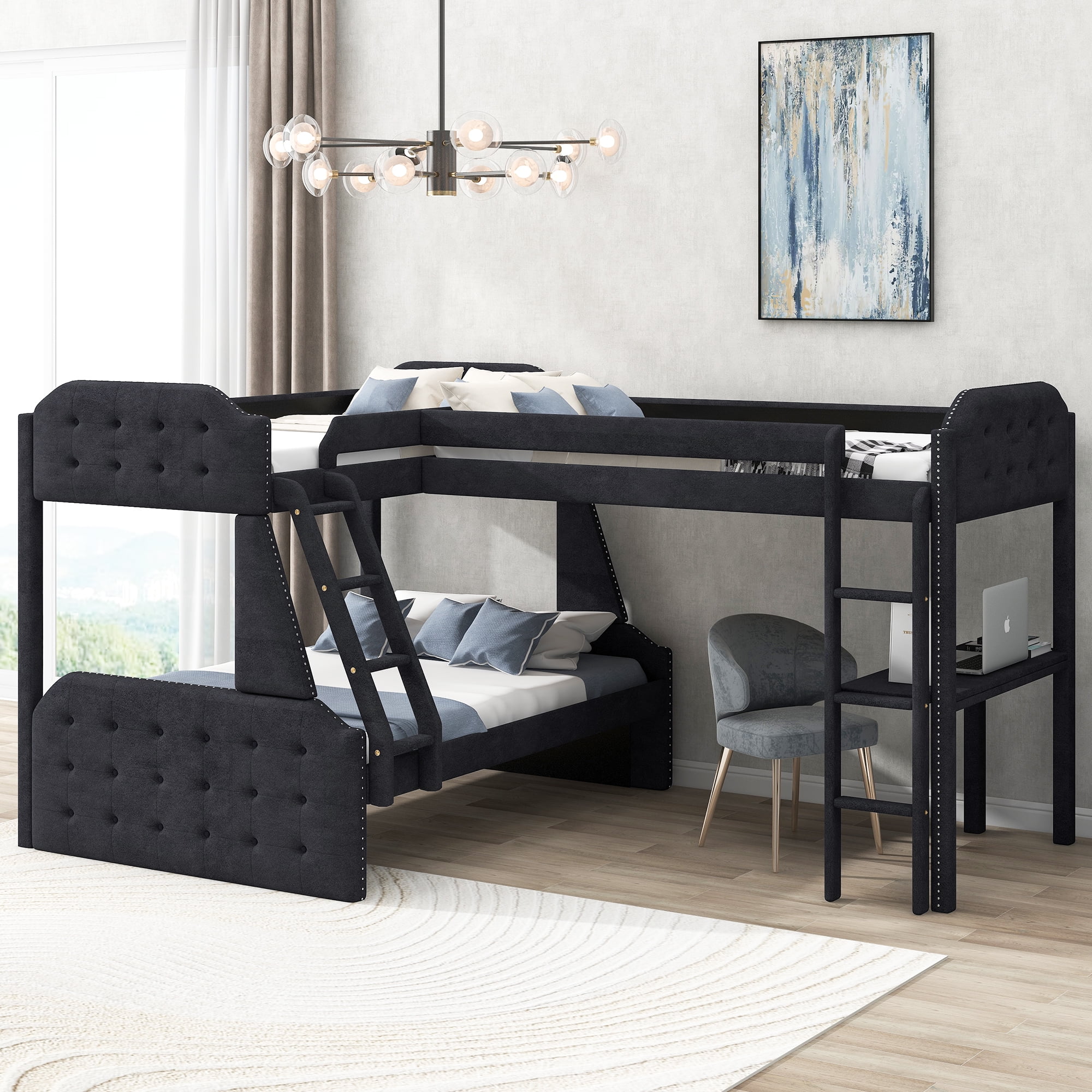 EUROCO Upholstery L-Shaped Twin over Full Bunk Bed and Twin Loft Bed ...