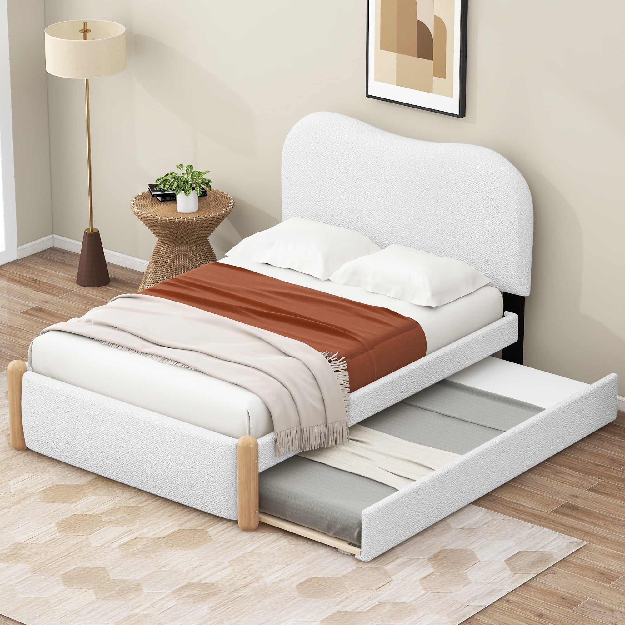 EUROCO Upholstery Twin Size Platform Bed with Trundle, Upholstered Headboard and Wood Support Legs for Kids Teens, White