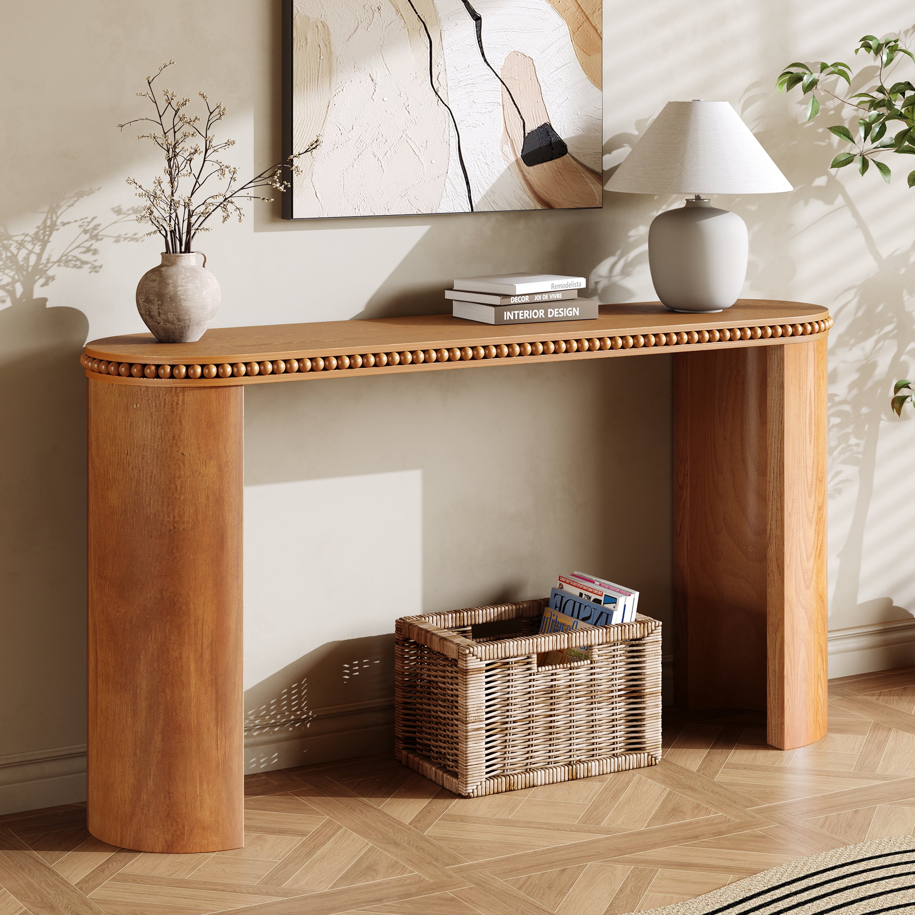 EUROCO Vintage Console Table with Beaded Trim and Reversible Curved Legs,59.8" Wood Long Sofa Table Behind Couch Accent Tables for Entrance Foyer Hallway,Brown